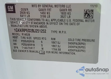 2011 GMC Acadia Sle из США, поврежденный, VIN 1GKKRPED2BJ251252